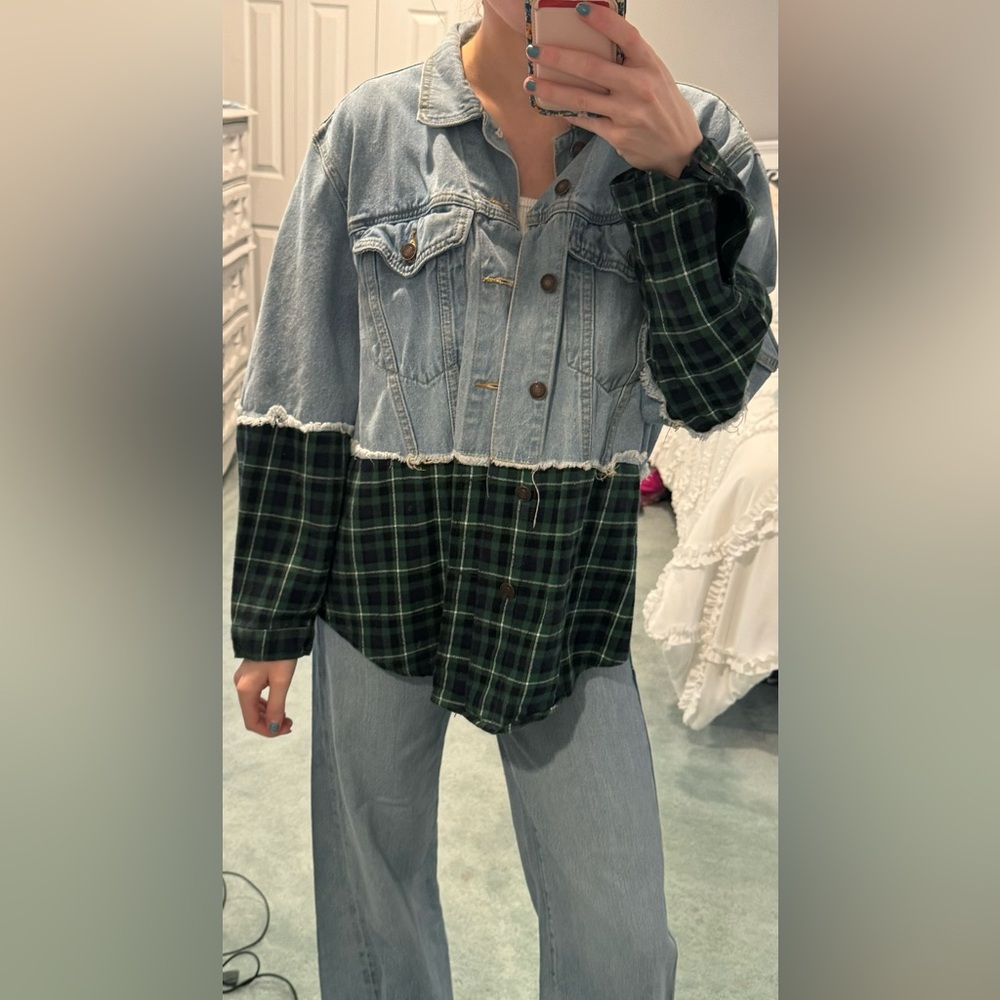 Plaid and Denim Button-Up Shirt